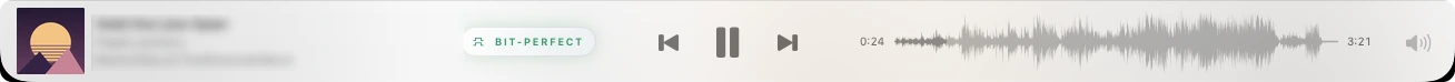 Neginato's Now Playing bar: album artwork and track details on the left, the BIT-PERFECT pill lit green beside the transport controls, and the waveform scrubber with elapsed and total time on the right.